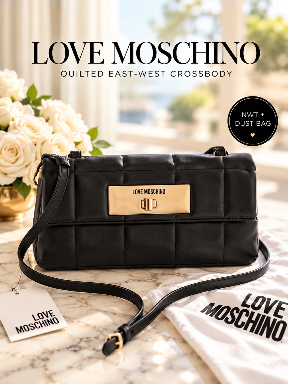 Love Moschino Quilted East West Crossbody NWT Black Gold Turn Lock & Dust Bag